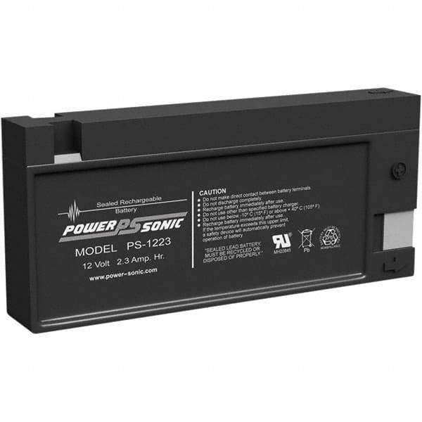 Power-Sonic - Lead-Acid, Quick-Disconnect Tab Terminal, 12 Volt, 2.3 Amp, Lead Rechargeable Battery - 3/16" Tab Width x 0.8mm Tab Thickness, 0.94" Wide x 2.4" High x 7.17" Deep - Eagle Tool & Supply