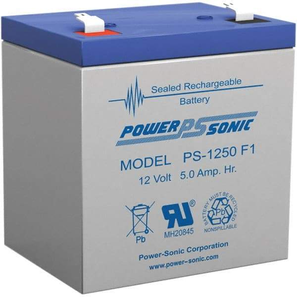 Power-Sonic - Lead-Acid, Quick-Disconnect Tab Terminal, 12 Volt, 5 Amp, Lead Rechargeable Battery - 3/16" Tab Width x 0.8mm Tab Thickness, 2.76" Wide x 3.98" High x 3.54" Deep - Eagle Tool & Supply