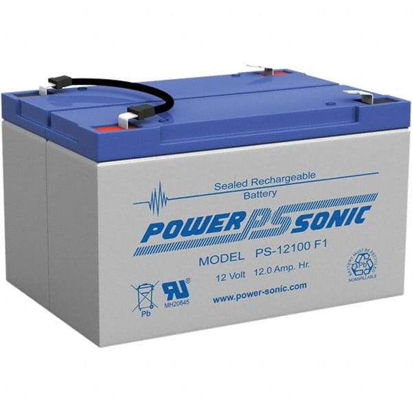 Power-Sonic - Lead-Acid, Quick-Disconnect Tab Terminal, 12 Volt, 12 Amp, Lead Rechargeable Battery - 3/16" Tab Width x 0.8mm Tab Thickness, 4" Wide x 3.7" High x 5.95" Deep - Eagle Tool & Supply