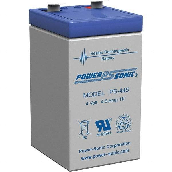 Power-Sonic - Lead-Acid, Quick-Disconnect Tab Terminal, 4 Volt, 4.5 Amp, Lead Rechargeable Battery - 1/4" Tab Width x 0.8mm Tab Thickness, 2.09" Wide x 3.7" High x 1.89" Deep - Eagle Tool & Supply