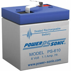 Power-Sonic - Lead-Acid, Quick-Disconnect Tab Terminal, 6 Volt, 1.1 Amp, Lead Rechargeable Battery - 3/16" Tab Width x 0.8mm Tab Thickness, 1.65" Wide x 2" High x 2" Deep - Eagle Tool & Supply