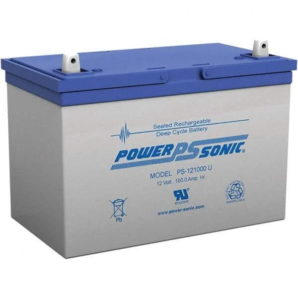 Power-Sonic - Lead-Acid, Nut/Bolt Terminal, 12 Volt, 75 Amp, Lead Rechargeable Battery - 6mm Hole Diam, 13mm Tab Thickness, 6.6" Wide x 8.15" High x 12" Deep - Eagle Tool & Supply