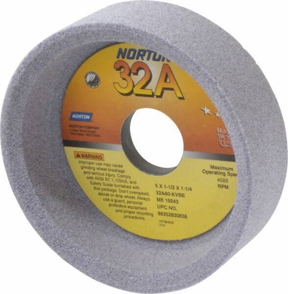 Norton - 5" Diam, 1-1/4" Hole Size, 1-1/2" Overall Thickness, 60 Grit, Type 6 Tool & Cutter Grinding Wheel - Medium Grade, Aluminum Oxide, K Hardness, Vitrified Bond, 4,585 RPM - Eagle Tool & Supply