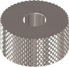 Made in USA - 1" Diam, 90° Tooth Angle, 30 TPI, Standard (Shape), Form Type High Speed Steel Female Diamond Knurl Wheel - 3/8" Face Width, 5/16" Hole, Circular Pitch, Bright Finish, Series OU - Exact Industrial Supply