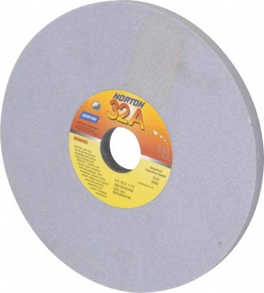 Norton - 8" Diam x 1-1/4" Hole x 1/2" Thick, K Hardness, 100 Grit Surface Grinding Wheel - Aluminum Oxide, Type 1, Fine Grade, 3,600 Max RPM, Vitrified Bond, No Recess - Eagle Tool & Supply