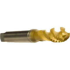Emuge - M3x0.50 Metric 3 Flute 6H Modified Bottoming Spiral Flute Tap - Cobalt, TiN Finish, 56mm OAL, Right Hand Flute, Right Hand Thread, Series Enorm - Eagle Tool & Supply