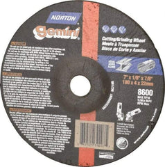 Norton - 7" Wheel Diam, 1/8" Wheel Thickness, 7/8" Arbor Hole, Type 27 Depressed Center Wheel - Aluminum Oxide, 8,600 Max RPM, Compatible with Angle Grinder - Eagle Tool & Supply