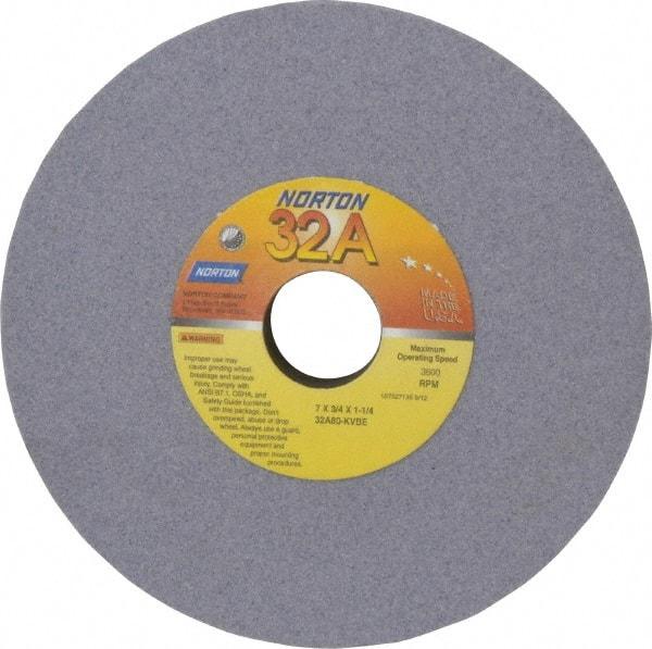 Norton - 7" Diam x 1-1/4" Hole x 3/4" Thick, K Hardness, 80 Grit Surface Grinding Wheel - Aluminum Oxide, Medium Grade, 3,600 Max RPM, Vitrified Bond - Eagle Tool & Supply