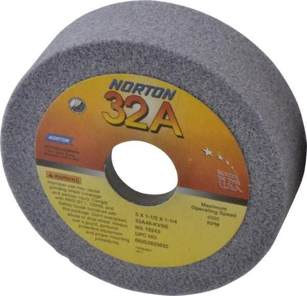Norton - 5" Diam, 1-1/4" Hole Size, 1-1/2" Overall Thickness, 46 Grit, Type 6 Tool & Cutter Grinding Wheel - Coarse Grade, Aluminum Oxide, K Hardness, Vitrified Bond, 4,585 RPM - Eagle Tool & Supply