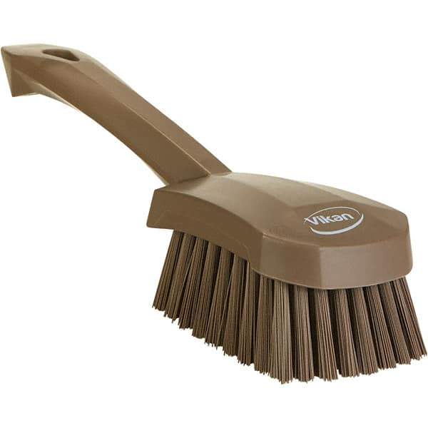 Vikan - 1.3" Bristle Length, Polyester Scrub Brush - 4-1/4" Long x 2-3/4" Wide Head, 10" OAL, Ergonomic Handle, Brown, Polypropylene Block - Eagle Tool & Supply