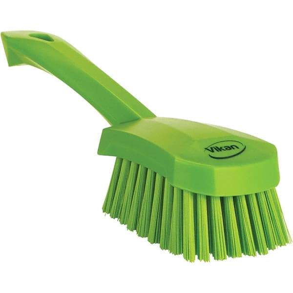 Vikan - 1.3" Bristle Length, Polyester Scrub Brush - 4-1/4" Long x 2-3/4" Wide Head, 10" OAL, Ergonomic Handle, Green, Polypropylene Block - Eagle Tool & Supply