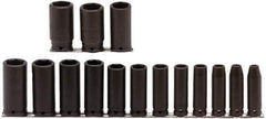Proto - 15 Piece 1/2" Drive Deep Well Impact Socket Set - 6 Points, 3/8" to 1-1/4" Range, Inch Measurement Standard - Eagle Tool & Supply
