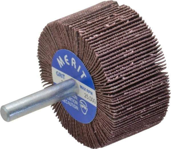 Merit Abrasives - 2" Diam x 1" Face Width, Very Fine Ceramic Alumina Coated Mounted Flap Wheel - 1/4" Shank Mount, 180 Grit, Cloth Backing, 25,000 Max RPM - Eagle Tool & Supply