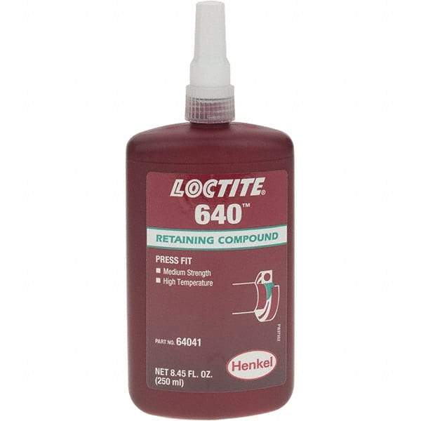 Loctite - 250 mL, Green, Medium Strength Liquid Retaining Compound - Series 640, 24 hr Full Cure Time - Eagle Tool & Supply