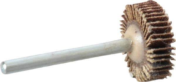 Merit Abrasives - 3/4" Diam x 3/16" Face Width, Fine Aluminum Oxide Coated Mounted Flap Wheel - 1/8" Shank Mount, 120 Grit, Cloth Backing, 35,000 Max RPM - Eagle Tool & Supply