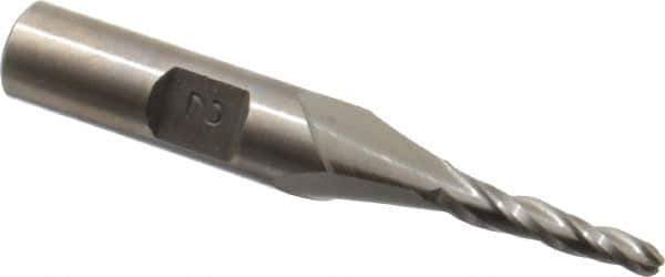 Made in USA - 2° Taper Angle per Side, 1/8" Small End Diam, 3/4" LOC, High Speed Steel 3 Flute Tapered Ball End Mill - 2-1/2" OAL, 3/8" Shank Diam - Eagle Tool & Supply