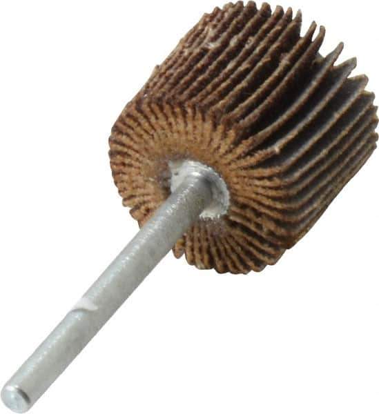 Merit Abrasives - 3/4" Diam x 5/8" Face Width, Medium Aluminum Oxide Coated Mounted Flap Wheel - 1/8" Shank Mount, 80 Grit, Cloth Backing, 35,000 Max RPM - Eagle Tool & Supply
