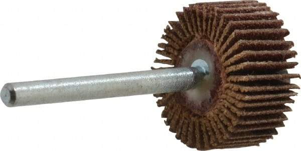 Merit Abrasives - 3/4" Diam x 3/8" Face Width, Fine Aluminum Oxide Coated Mounted Flap Wheel - 1/8" Shank Mount, 120 Grit, Cloth Backing, 35,000 Max RPM - Eagle Tool & Supply