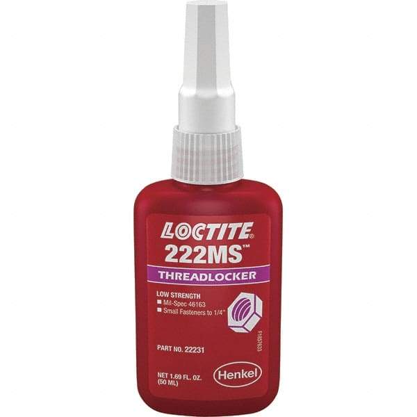 Loctite - 50 mL Bottle, Purple, Low Strength Liquid Threadlocker - Series 222, 24 hr Full Cure Time, Hand Tool Removal - Eagle Tool & Supply