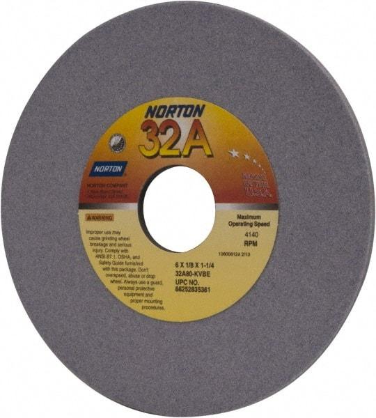 Norton - 6" Diam x 1-1/4" Hole x 1/8" Thick, K Hardness, 80 Grit Surface Grinding Wheel - Aluminum Oxide, Type 1, Medium Grade, 4,140 Max RPM, Vitrified Bond, No Recess - Eagle Tool & Supply