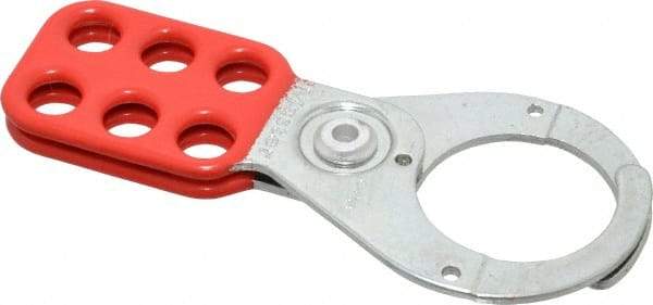 Master Lock - Single Jaw, 1-1/2" Jaw Diam, 6 PadLocks, Steel Lockout Hasp - Scissor Action, 5" Long, Red - Eagle Tool & Supply
