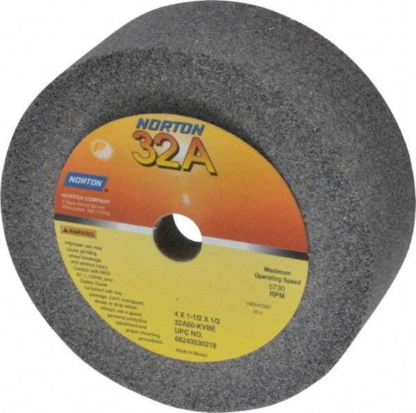 Norton - 4" Diam, 1/2" Hole Size, 1-1/2" Overall Thickness, 60 Grit, Type 6 Tool & Cutter Grinding Wheel - Medium Grade, Aluminum Oxide, K Hardness, Vitrified Bond, 5,730 RPM - Eagle Tool & Supply