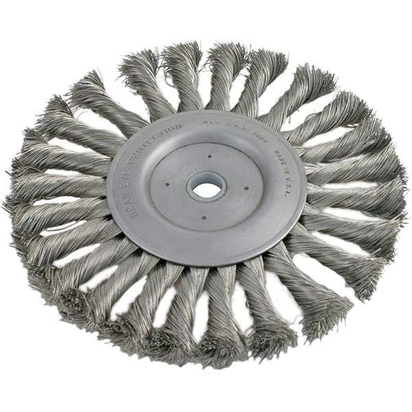 Brush Research Mfg. - 4" OD, 3/8 & 1/2" Arbor Hole, Knotted Carbon Wheel Brush - 1/2" Face Width, 13/16" Trim Length, 20,000 RPM - Eagle Tool & Supply