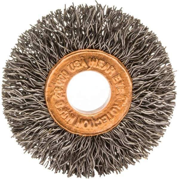 Brush Research Mfg. - 1-1/2" OD, 3/8" Arbor Hole, Crimped Carbon Wheel Brush - 1/4" Face Width, 3/8" Trim Length, 20,000 RPM - Eagle Tool & Supply