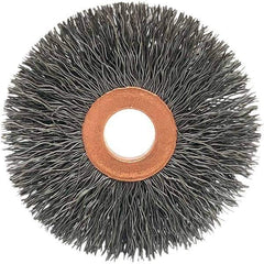 Brush Research Mfg. - 3-1/2" OD, 1/2" Arbor Hole, Crimped Stainless Steel Wheel Brush - 5/8" Face Width, 5/16" Trim Length, 20,000 RPM - Eagle Tool & Supply