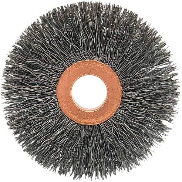 Brush Research Mfg. - 3" OD, 1/2" Arbor Hole, Crimped Stainless Steel Wheel Brush - 5/8" Face Width, 1-1/16" Trim Length, 20,000 RPM - Eagle Tool & Supply