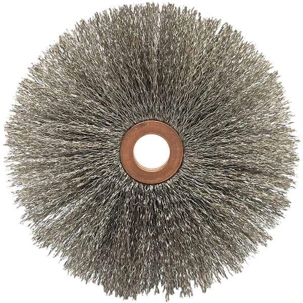 Brush Research Mfg. - 4" OD, 5/8" Arbor Hole, Crimped Carbon Wheel Brush - 5/8" Face Width, 1-9/16" Trim Length, 20,000 RPM - Eagle Tool & Supply