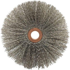 Brush Research Mfg. - 4" OD, 1/2" Arbor Hole, Crimped Stainless Steel Wheel Brush - 5/8" Face Width, 1-9/16" Trim Length, 20,000 RPM - Eagle Tool & Supply