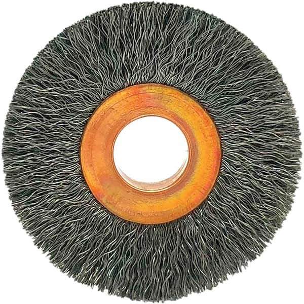 Brush Research Mfg. - 1-1/2" OD, 3/8" Arbor Hole, Crimped Carbon Wheel Brush - 1/4" Face Width, 3/8" Trim Length, 20,000 RPM - Eagle Tool & Supply