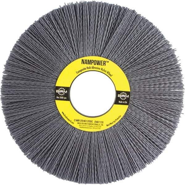 Brush Research Mfg. - 8" OD, 2" Arbor Hole, Crimped Abrasive Nylon Wheel Brush - 1" Face Width, 2-1/2" Trim Length, 3,600 RPM - Eagle Tool & Supply