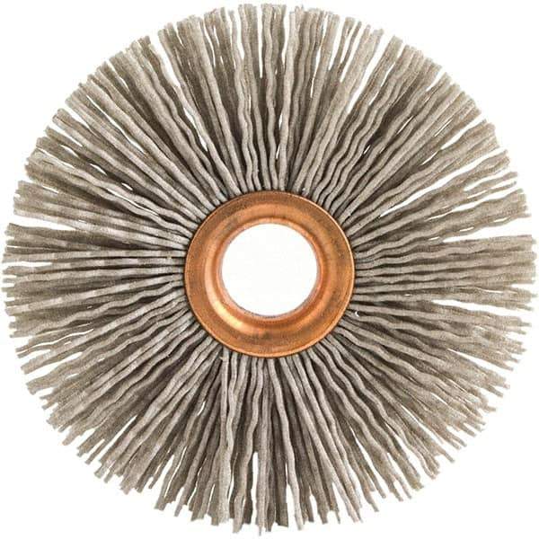 Brush Research Mfg. - 1-1/4" OD, 3/8" Arbor Hole, Crimped Abrasive Nylon Wheel Brush - 5/16" Face Width, 1/4" Trim Length, 20,000 RPM - Eagle Tool & Supply