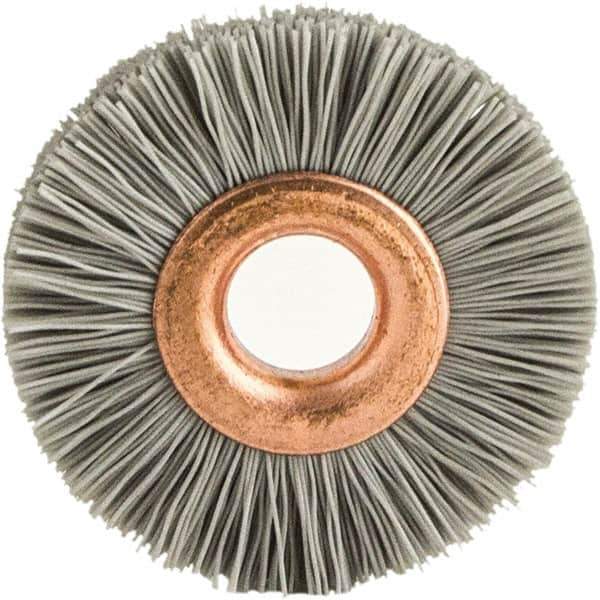 Brush Research Mfg. - 1" OD, 3/8" Arbor Hole, Crimped Abrasive Nylon Wheel Brush - 1/4" Face Width, 1/8" Trim Length, 20,000 RPM - Eagle Tool & Supply