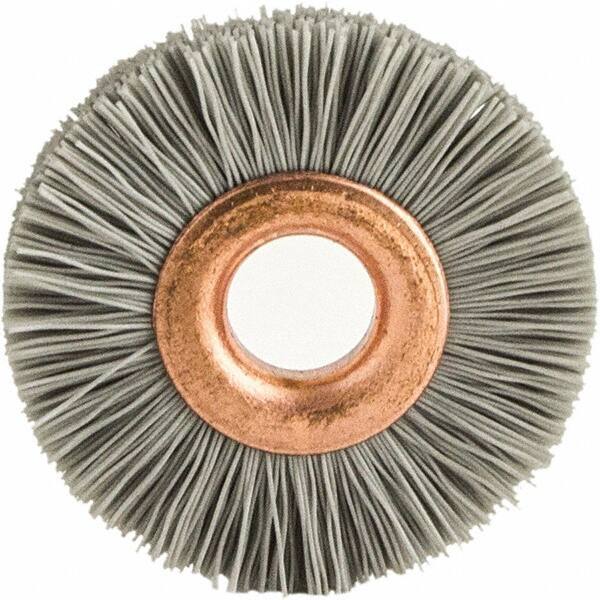 Brush Research Mfg. - 1-1/4" OD, 3/8" Arbor Hole, Crimped Abrasive Nylon Wheel Brush - 5/16" Face Width, 1/4" Trim Length, 20,000 RPM - Eagle Tool & Supply