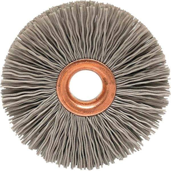 Brush Research Mfg. - 4" OD, 1/2" Arbor Hole, Crimped Abrasive Nylon Wheel Brush - 3/4" Face Width, 1-7/16" Trim Length, 20,000 RPM - Eagle Tool & Supply