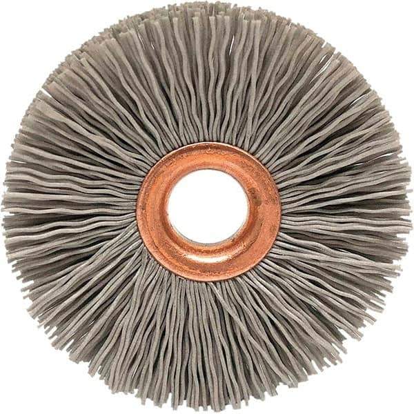 Brush Research Mfg. - 3-1/2" OD, 1/2" Arbor Hole, Crimped Abrasive Nylon Wheel Brush - 3/4" Face Width, 3/16" Trim Length, 20,000 RPM - Eagle Tool & Supply