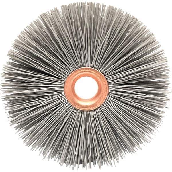Brush Research Mfg. - 3-1/2" OD, 1/2" Arbor Hole, Crimped Abrasive Nylon Wheel Brush - 3/4" Face Width, 3/16" Trim Length, 20,000 RPM - Eagle Tool & Supply