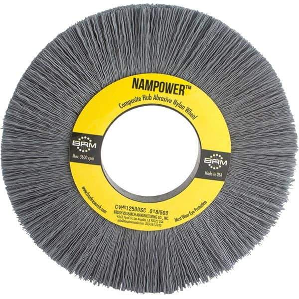 Brush Research Mfg. - 6" OD, 2" Arbor Hole, Crimped Abrasive Nylon Wheel Brush - 1/2" Face Width, 1-1/2" Trim Length, 3,600 RPM - Eagle Tool & Supply