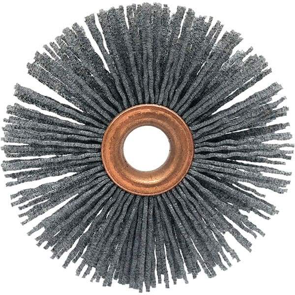 Brush Research Mfg. - 1-1/4" OD, 3/8" Arbor Hole, Crimped Abrasive Nylon Wheel Brush - 5/16" Face Width, 1/4" Trim Length, 20,000 RPM - Eagle Tool & Supply