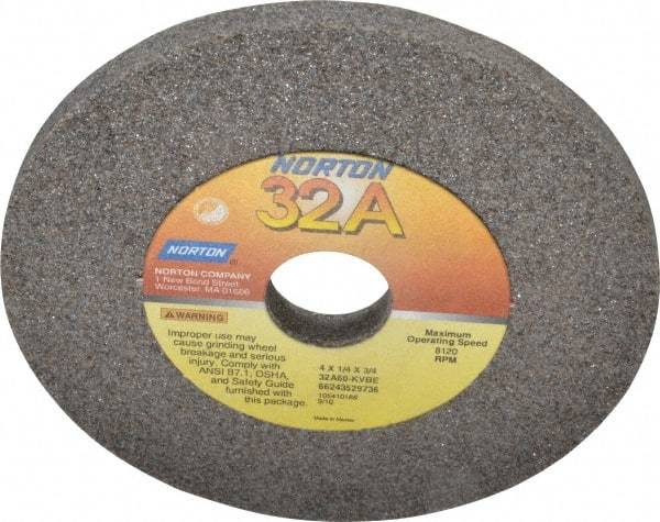 Norton - 60 Grit Aluminum Oxide Type 1 Internal Grinding Wheel - 4" Diam x 3/4" Hole x 1/4" Thick, 8,120 Max RPM, Type 1 Medium Grade, K Hardness, Vitrified Bond, No Recess - Eagle Tool & Supply