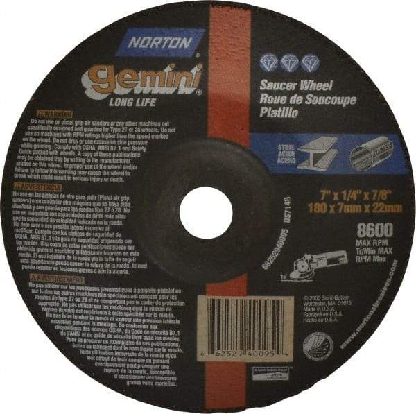 Norton - 24 Grit, 7" Wheel Diam, 1/4" Wheel Thickness, 7/8" Arbor Hole, Type 28 Depressed Center Wheel - Aluminum Oxide, 8,600 Max RPM, Compatible with Angle Grinder - Eagle Tool & Supply