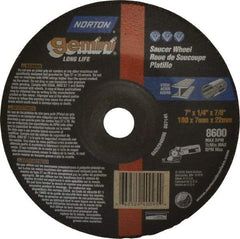 Norton - 24 Grit, 7" Wheel Diam, 1/4" Wheel Thickness, 7/8" Arbor Hole, Type 28 Depressed Center Wheel - Aluminum Oxide, 8,600 Max RPM, Compatible with Angle Grinder - Eagle Tool & Supply