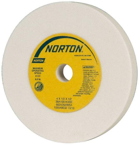 Norton - 100 Grit Aluminum Oxide Type 1 Internal Grinding Wheel - 4" Diam x 1/2" Hole x 1/2" Thick, 8,120 Max RPM, Type 1 Fine Grade, K Hardness, Vitrified Bond, No Recess - Eagle Tool & Supply