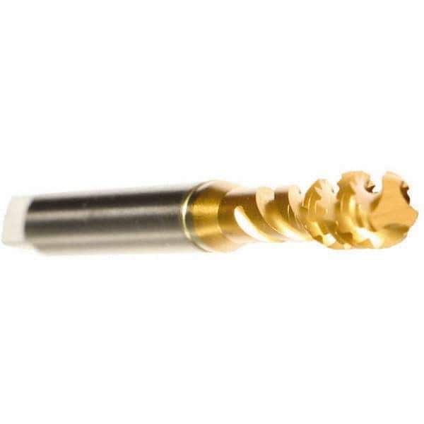 Emuge - M3x0.50 Metric 3 Flute 6H Modified Bottoming Spiral Flute Tap - Cobalt, TiN Finish, 56mm OAL, Right Hand Flute, Right Hand Thread, Series Enorm - Eagle Tool & Supply