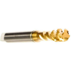 Emuge - M3x0.50 Metric 3 Flute 6H Modified Bottoming Spiral Flute Tap - Cobalt, TiN Finish, 56mm OAL, Right Hand Flute, Right Hand Thread, Series Enorm - Eagle Tool & Supply