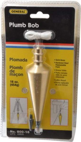 General - 5-3/4 Inch Long, 1-1/2 Inch Diameter Brass Plumb Bob - 16 Ounce, Has Replacable Tip - Eagle Tool & Supply