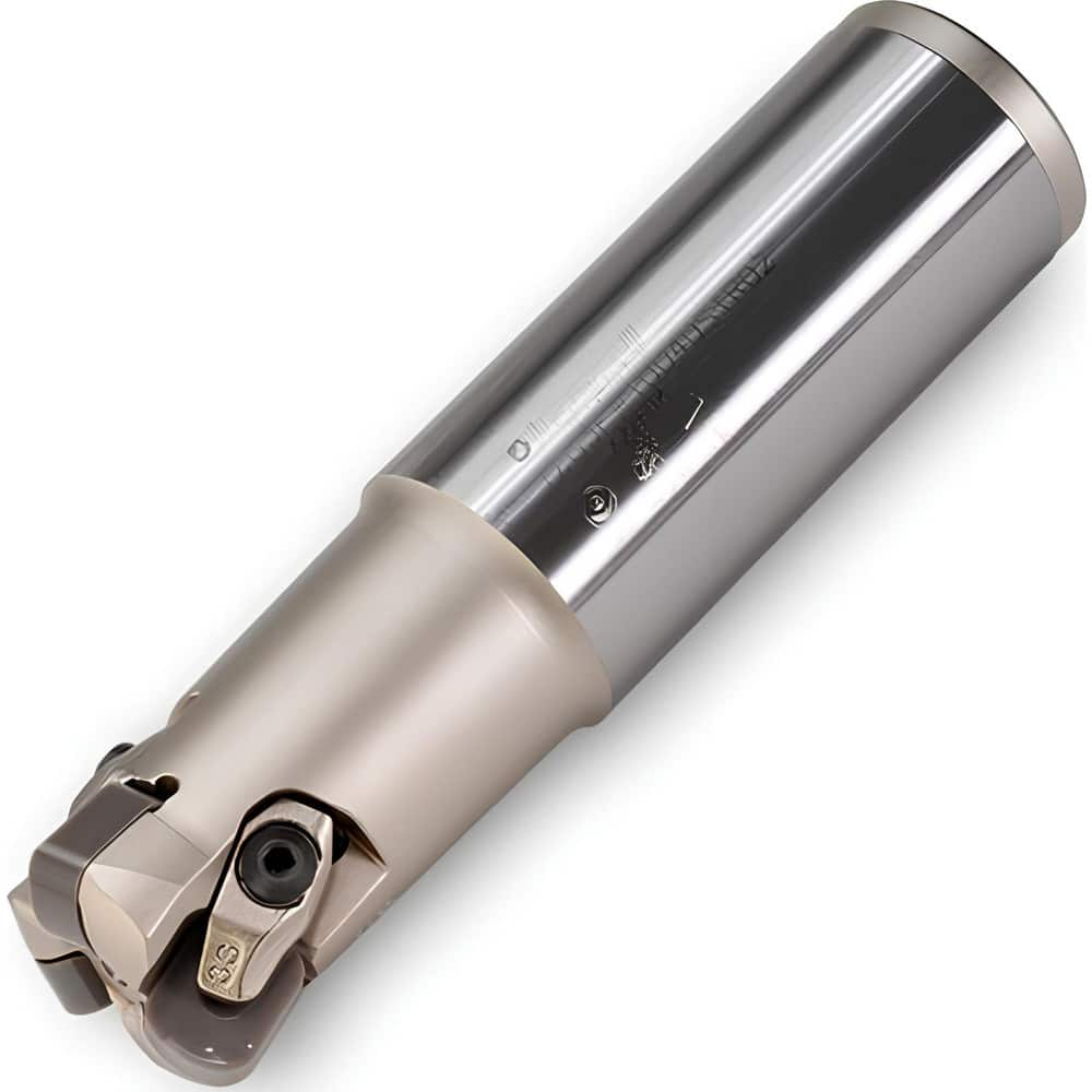 Indexable High-Feed End Mill: 1″ Cut Dia, 1″ Cylindrical Shank Uses 2 LNXF Inserts, 0.06″ Max Depth, 4″ OAL, Through Coolant